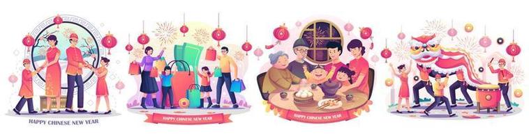 l'ensemble du nouvel an chinois avec une réunion de famille asiatique organise un dîner de réunion. enfants jouant avec un lion dansant chinois. achats en ligne en famille. illustration vectorielle de style plat vecteur