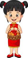 fille chinoise de dessin animé tenant un panier de mandarine vecteur