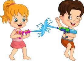 dessin animé enfants jouant un pistolet à eau vecteur