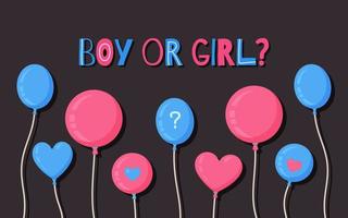 illustration vectorielle d'un garçon ou d'une fille. ballons bleus et roses sur fond marron foncé. vecteur