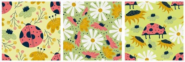 ensemble scandinave de motifs printaniers avec fleurs, coccinelles et camomille. modèle sans couture avec insectes et tournesol. conception d'illustration vectorielle. conception d'impression de pépinière scandinave florale d'été. vecteur