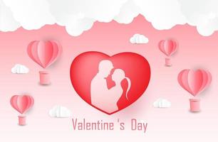 amour et saint valentin, les amoureux se tiennent debout et un ballon en forme de coeur en papier flottant dans le ciel. façon artisanale. vecteur