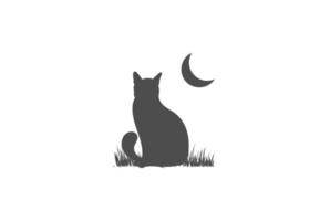 silhouette de chat assis simple avec vecteur de conception de logo herbe et croissant de lune