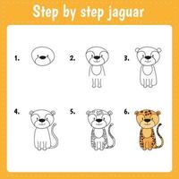 cours de dessin pour enfants. comment dessiner jaguar. tutoriel de dessin avec un animal drôle. étape par étape répète l'image. page d'art d'activité pour enfants pour livre. illustration vectorielle. vecteur