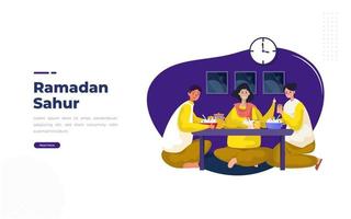 famille musulmane ayant mangé tôt pour le concept de ramadan sahur vecteur