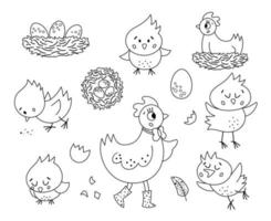 vecteur noir et blanc serti de poule mignonne, petits poussins, oeufs, nid. illustration de contour drôle de printemps ou de pâques ou page de coloriage pour les enfants. pack d'icônes d'oiseaux de ferme