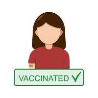 icône de vecteur de femmes vaccinées. personnage féminin plat isolé avec bande après vaccination. protection contre le coronavirus