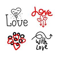 jeu d'icônes de doodle de la saint-valentin lettrage amour, avec amour, harts, flèches, formes et ballon à air. autocollant d'amour pour le jour de l'amour. illustration dessinée à la main pour le web, la bannière, la carte, l'impression, l'affiche, les vacances, la chemise vecteur