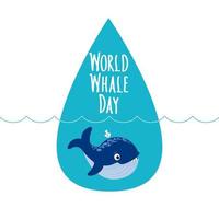 baleine mignonne dans l'océan bleu et les vagues. lettrage manuscrit de la journée mondiale des baleines. signe abstrait et baleine de la journée mondiale des baleines. protection des mammifères marins. illustration vectorielle plate pour carte, bannière vecteur