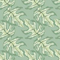 tons pastel motif doodle sans couture avec ornement monstera. silhouettes de feuilles tropicales avec imprimé exotique vert clair. vecteur