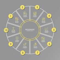 couleurs jaunes et grises pour l'infographie de cercle avec des icônes de ligne mince. 10 options ou étapes pour l'infographie. vecteur