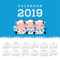 Calendrier 2019 avec des vaches mignonnes. vecteur