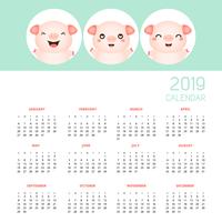 Calendrier 2019 avec des cochons mignons. vecteur