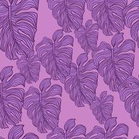modèle sans couture de feuille de monstère moderne sur fond violet. feuilles tropicales toile de fond silhouette plante philodendron. vecteur