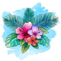 Conception de vecteur tropical pour bannière ou flyer avec des feuilles de palmier exotiques, fleurs d&#39;hibiscus avec fond bleu de style aquarelle.