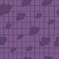 motif de doodle sans couture aléatoire avec ornement de nuages dans la palette de couleurs sombres. formes violettes sur fond quadrillé. vecteur