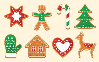 jeu d'icônes colorées de beaux biscuits de noël. supports de nouvel an décorés doux - arbre de noël bonhomme en pain d'épice, cerf, maison, gant. symboles de vecteur de vacances