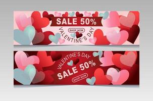 vente de la saint-valentin 50 hors affiche ou bannière avec de nombreux coeurs doux et sur fond rouge vecteur