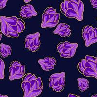 motif de doodle sans couture de petites fleurs de magnolia aléatoire violet. fond noir. style abstrait. vecteur