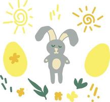 lapin, oeufs de pâques, soleil, feuilles et jeu de gribouillis. dessiné à la main. couleur tendance 2021 or, jaune, gris, vert déco enfant vecteur