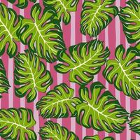 monstera vert aléatoire laisse un motif de doodle sans couture. fond rayé rose. impression tropique. vecteur