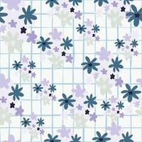 motif de doodle sans couture dessiné à la main avec des formes de camomille botaniques. fond blanc avec carreaux et figures florales dans les tons bleus et violets. vecteur