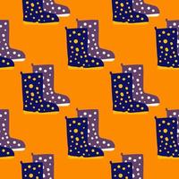 modèle sans couture de doodle lumineux avec des silhouettes de bottes. ornement de chaussures violettes à pois sur fond orange. vecteur