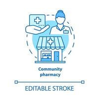 icône de concept de pharmacie communautaire. illustration de ligne mince d'idée de service social et gouvernemental. apothicairerie gratuite et assurée. médicaments à prix réduits, médicaments. dessin de contour isolé de vecteur. trait modifiable vecteur
