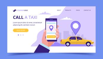 Appeler une page d&#39;atterrissage de taxi. Illustration de concept avec voiture de taxi et main tenant un smartphone. vecteur