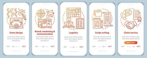 gestion des événements, planification de l'écran de la page de l'application mobile d'intégration avec des concepts linéaires. marque, marketing et communication, service client. instructions graphiques pas à pas. modèle de vecteur ux, ui, gui