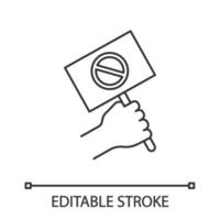 bannière de protestation dans l'icône linéaire de la main. la main d'un manifestant ou d'un militant. illustration de la ligne mince. manifestation, rencontre. pancarte de protestation. symbole de contour. dessin de contour isolé de vecteur. trait modifiable vecteur