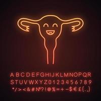 icône de lumière néon utérus souriant. la santé des femmes. la fertilité. système reproducteur féminin sain. signe lumineux avec alphabet, chiffres et symboles. illustration vectorielle isolée vecteur