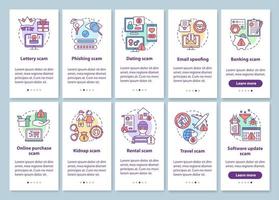 écran de page d'application mobile d'intégration des types d'escroquerie avec des concepts linéaires. dix instructions graphiques pas à pas. voyage, arnaque bancaire. usurpation de courrier électronique. ux, ui, modèle vectoriel gui avec illustrations