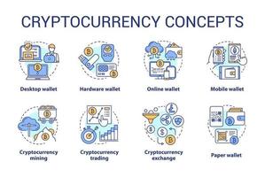 ensemble d'icônes de concept de crypto-monnaie. illustrations de lignes fines d'idée d'actif numérique. en ligne, portefeuille matériel. transaction financière. échange de bitcoins. dessins de contour isolés de vecteur. trait modifiable vecteur