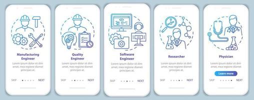 emplois de bio-ingénierie embarquement modèle de vecteur d'écran de page d'application mobile. chercheur et médecin. étapes du site Web pas à pas avec des illustrations linéaires. concept d'interface de smartphone ux, ui, gui