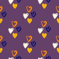 modèle sans couture simple avec des silhouettes de coeur dessinés à la main. fond violet avec ornement d'amour orange, bleu, jaune et blanc. vecteur