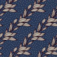 contour de feuillage abstrait motif sans couture. ornement botanique profilé violet sur fond bleu marine à pois. vecteur
