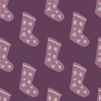 chaussettes de noël avec ornement étoile stylisé motif hiver sans couture. oeuvre de nouvel an palette violette. toile de fond cosy. vecteur