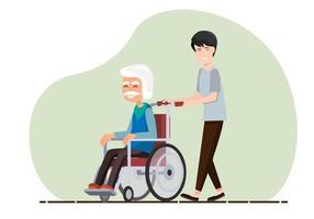 le fils prend soin de son père qui ne peut pas marcher. doit être un concept de soins de santé pour personnes âgées en fauteuil roulant vecteur