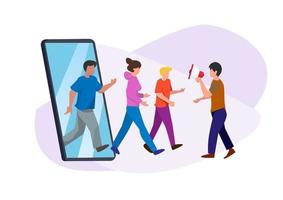 publicité aux utilisateurs de smartphones pour suivre les produits de l'entreprise. et des groupes de clients cibles. vecteur d'illustration de dessin animé de style plat