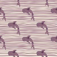 motif de doodle sans couture de la faune sous-marine avec des requins-baleines de dessin animé violet. imprimé animalier avec fond rayé. vecteur