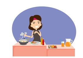 illustration de dessin animé femme au foyer cuisine petit déjeuner œuf au plat décoré de salade de légumes tomates et jus d'orange sain vecteur