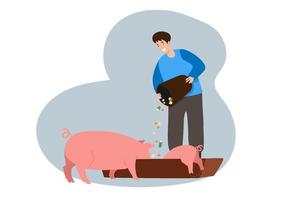 un jeune homme nourrit une mère cochon et un porcelet en pleine croissance. illustration de dessin animé plat vecteur