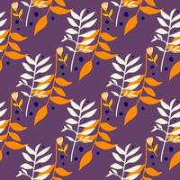 motif harmonieux stylisé de printemps lumineux avec des bouquets de branches de forêt. silhouettes de feuillage dans les tons blanc et orange sur fond violet. vecteur