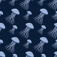 modèle sans couture de la faune avec des figures de méduses de mer bleu clair. animaux exotiques sur fond bleu marine foncé. vecteur