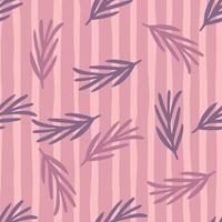 motif harmonieux de doodle aléatoire avec des formes de branches de feuilles roses et violettes. fond rayé. vecteur