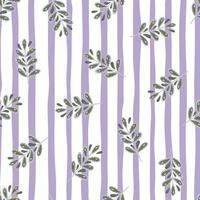 motif décoratif sans couture avec petit ornement de branches de feuilles aléatoires. fond rayé blanc et violet. vecteur