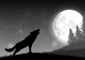 silhouette d'un loup debout sur une colline la nuit avec la lune vecteur