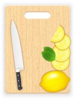 tranches de citron et de feuilles et couteau sur la planche à découper vecteur