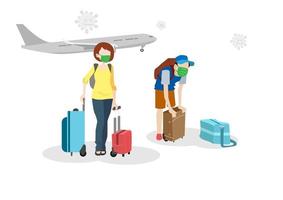 voyager après la fin de l'épidémie des personnages masculins et féminins descendent d'un avion de passagers et préparent leurs bagages. illustration vectorielle vecteur